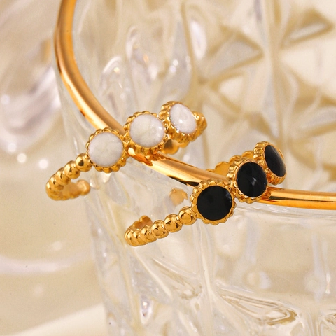 Geometric Round Stainless Steel Ring For Women 18K Gold Plated Adjustable Open Band Retro Enamel Shell Inlay Hip Hop