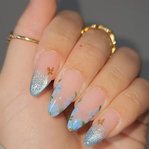 Katzenauge Mandel Press On Nägel Blau Rosa Verlauf Blumen 3D Schmetterling Dekor Glänzende Elegante Künstliche Nägel