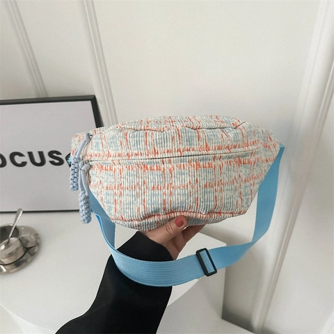 Sac Banane Plaid Femmes Velours Côtelé Tweed Sac Poitrine Bandoulière Sangle Réglable À La Mode Versatile