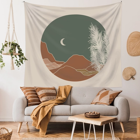 Tapiz De Pared Bohemio Paisaje Abstracto Montaña Luna Arte Circular Poliéster Decoración De Habitación Minimalista