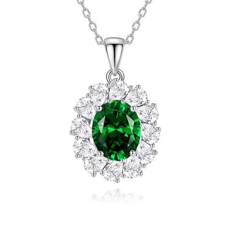 Collana con Pendente a Fiore in Argento Sterling 925 Lusso Strass Intarsiato Smeraldo Ovale Pietra Preziosa Gioielli Regalo Donna