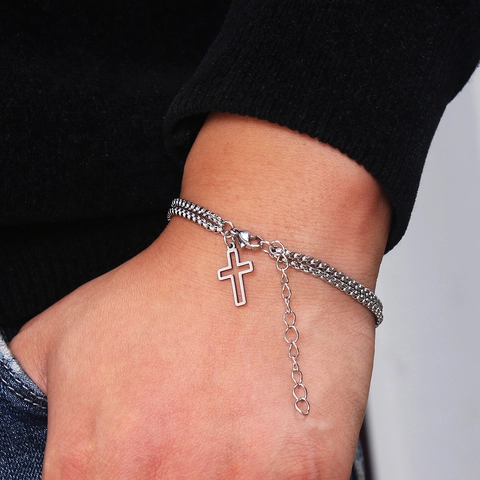 Edelstahl Doppelreihiges Box Kette Armband Mit Kreuz Anhänger Knoten Design Taufe Geschenk Für Herren Damen