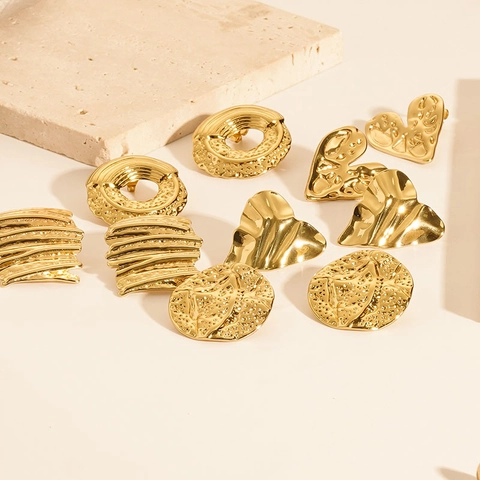 Orecchini Geometrici Vintage Acciaio Inossidabile Placcato Oro 18K Trama Martellata Cuore Fiore Farfalla Gioielli Donne