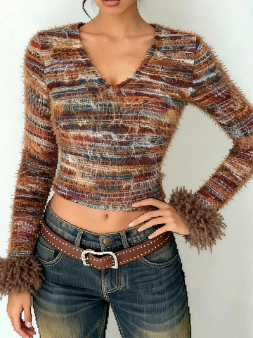 Dames Crop Top Van Gebreide Strepen Met Lange Mouwen En V-Hals Met Manchetten Van Namaakbont Y2K