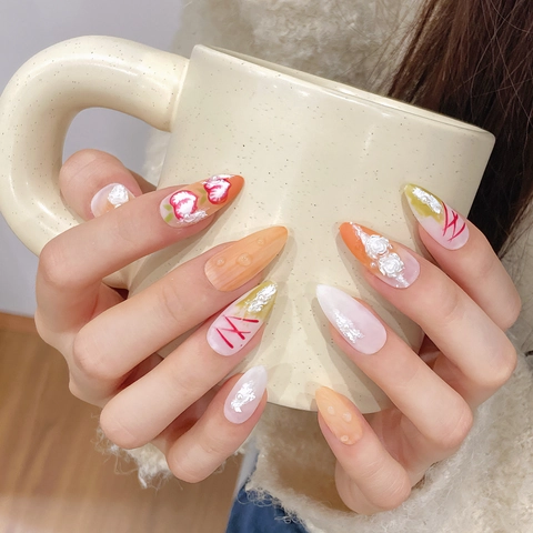 Handmade Press On Nails 3D White Rose Strawberry Decor Gradient Peach Orange White Almond Stiletto False Nails For Women