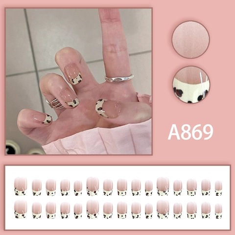 Uñas Postizas A Presión Leopardo Francés Forma Cuadrada Corta Rosa Nude Brillantes Uñas Artificiales Para Mujeres Manicura A869