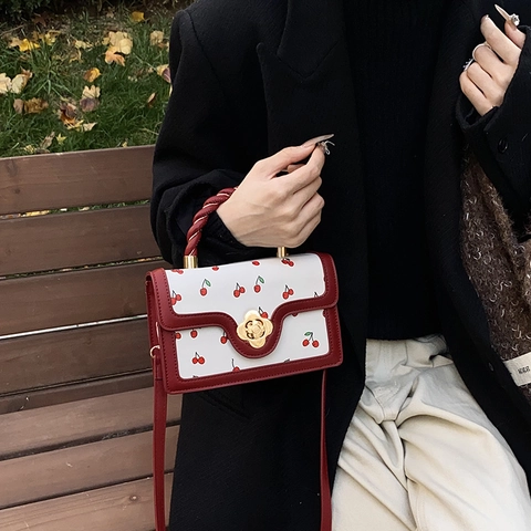 Sweet Cherry Print PU Leather Crossbody Bag Women Retro Small Square Handbag With Flower Metal Lock And Braided Handle