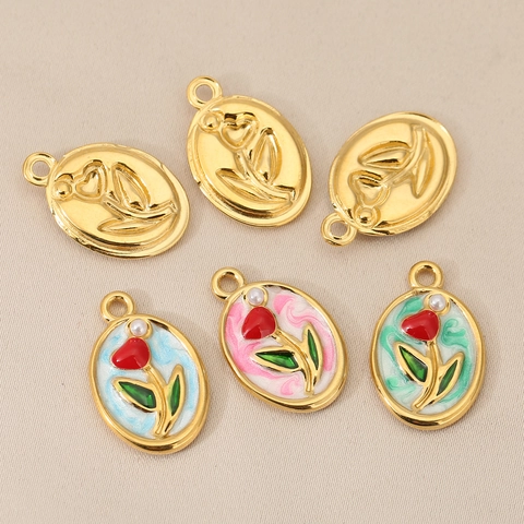 Blumenanhänger Oval Tulpe Rose Kupfer 18K Vergoldet Emaille Künstliche Perle Für DIY Schmuckherstellung Halsketten Charms