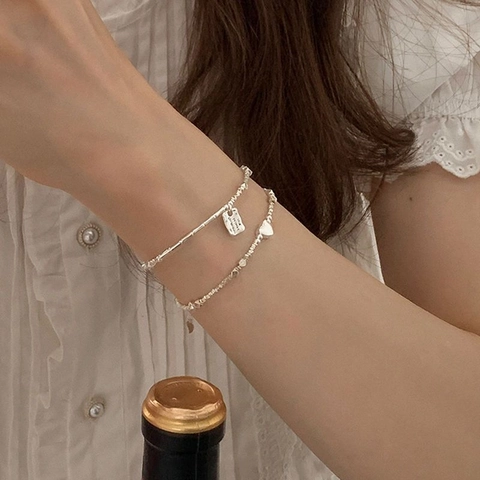 Heart Square Plate Charm Bracelet 925 Sterling Silver Beaded Double Layer Jewelry For Women Girls Fashion Elegant Gift