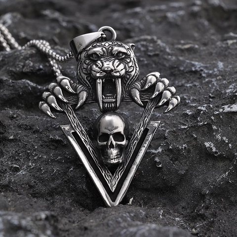Collana Con Ciondolo Tigre A Denti Di Sciabola E Teschio Acciaio Inossidabile Goth Punk Rock Retrò Gioielli Per Uomini Donne