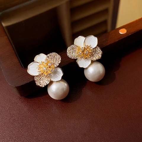 Pendientes De Perlas Artificiales De Flores Esmalte Circonita Aleación Silver Earring Post Joyería Floral Elegante Mujer Boda Fiesta