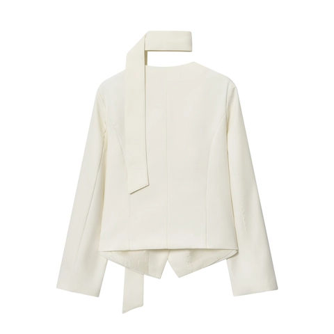 Dames Chic Sjaalhals Blazer Kort Lange Mouwen V-Hals Gebroken Wit Geweven Minimalistische Designer Stijl Jas