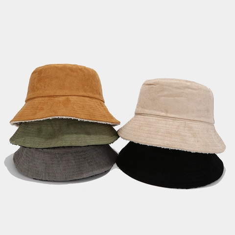 Bucket Hat Suede Lamb Wool Thick Warm Double Sided Wear Outdoor Leisure Sun Protection Retro Style For Men Women