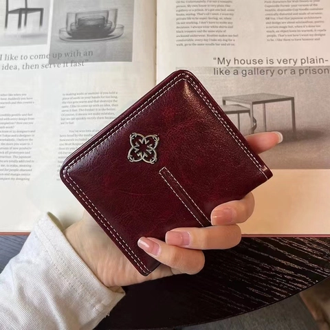 Petit Portefeuille En Cuir PU Pour Femmes Porte Monnaie Court Pliant Avec Poche Zippée Coutures Contrastées Style Rétro