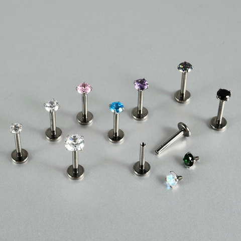 G23 Titanium Labret Stud Internal Thread Cartilage Earring Prong Set Cubic Zirconia Flat Back Body Piercing Jewelry