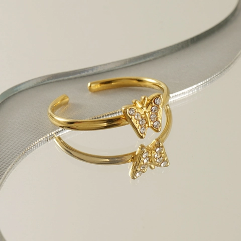 Anello A Farfalla In Acciaio Inossidabile Placcato Oro 18K Con Cristallo Gioiello Aperto Regolabile Per Donna Alla Moda