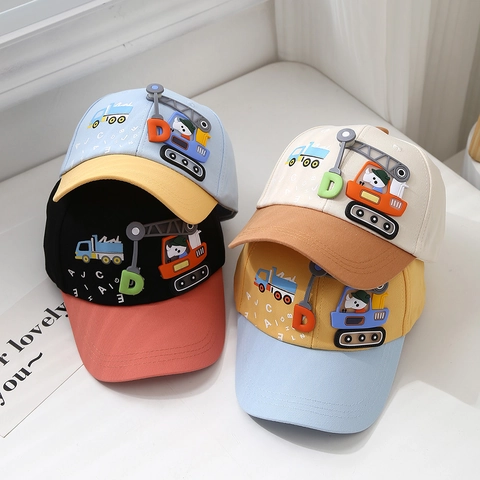 Cappello Baseball Bambini Cartone Animato Escavatore Gru Cappellino Sole Traspirante Patchwork Colore Contrasto Esterno Ragazzi Ragazze Misto Cotone