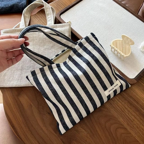 Mini Handbag Cotton Linen Denim Canvas Tote Small Portable Polka Dot Striped Vintage Casual Zipper Bag Women