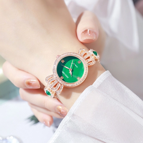 Luxurious Rose Gold Alloy Rhinestone Women Quartz Watch Green Sunray Dial Fashion Ladies Bracelet Watch Elegant Jewelry Watch