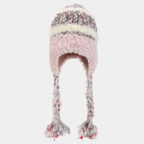 Winter Ohrenschutz Mütze Kunstpelz Strickbeanie Warm Outdoor Geflochtene Quaste Bommel Patchwork Damen