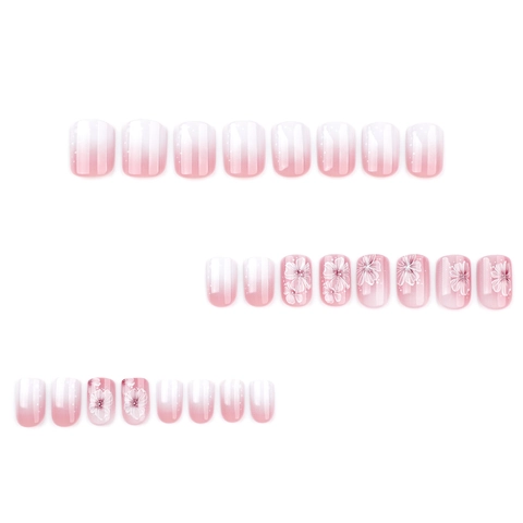 Kurze Quadratische Aufklebnägel Pink Weiß Ombre Blumenmuster Künstliche Perlenakzente Elegante Künstliche Fingernägel