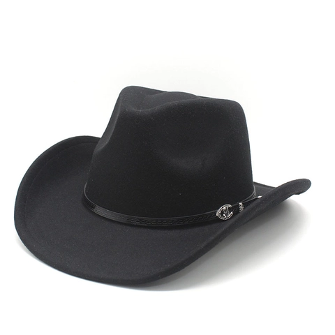 Chapeau De Cowboy Occidental Feutre De Laine Large Bord Avec Bande En Cuir Boucle Métallique Unisexe