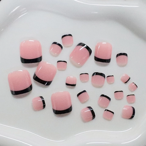 Unghie Piedi Press On Stile Francese Rosa E Nero Lucide Unghie Finte Quadrate Per Donne Resina ABS