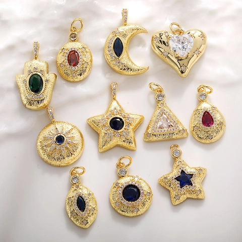 Retro Anhänger Charme Kupfer Vergoldet Mit Bunten Edelsteinen Zirkonia Stern Mond Hamsa Hand Für Schmuckherstellung Damen