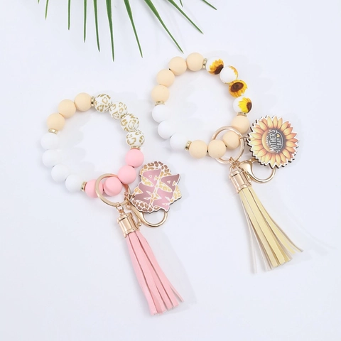 Boho Silicone Beaded Wristlet Keychain Bracelet With PU Tassel Leopard Print Floral Mom Gift Fashion Accessory For Women
