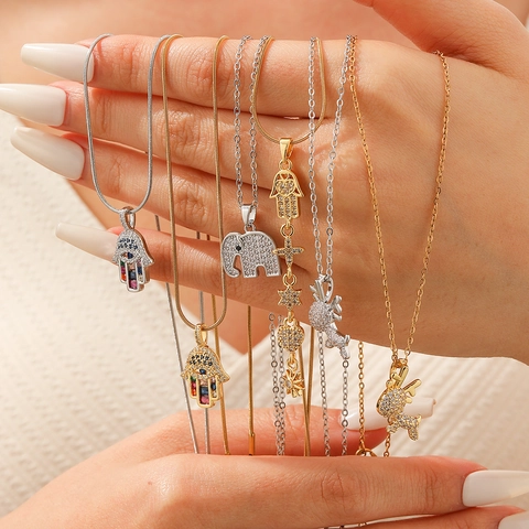 Zirkon Elefant Hamsa Hand Elch Anhänger Halskette Mit Edelstahlkette Für Damen Mode Gold Silber Vergoldet