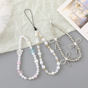Fashion Handmade Beaded Phone Lanyard Imitation Artificial Pearl Bow Heart Star Pendant Anti-Lost Wrist Strap Bag Charm Accessories