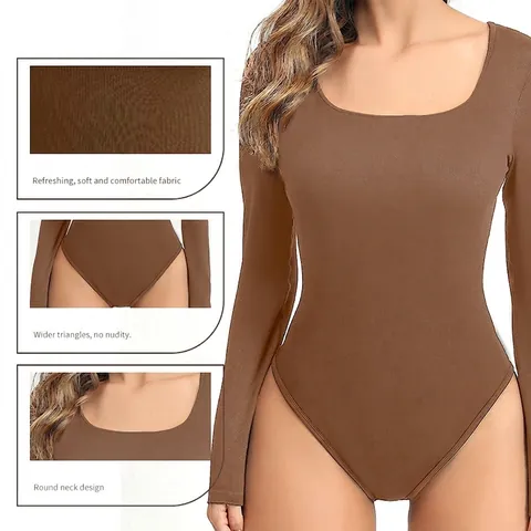 Seamless Long Sleeve Bodysuit For Women Ribbed Knit High Elastic Square Neck Slim Fit Solid Color Sporty Casual Bodycon