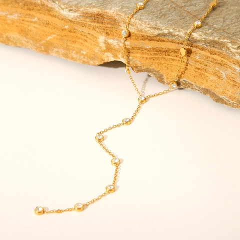 Y Förmige Halskette 18K Vergoldet Edelstahl Zirkon Quaste Anhänger Lange Kette Schmuck Für Damen