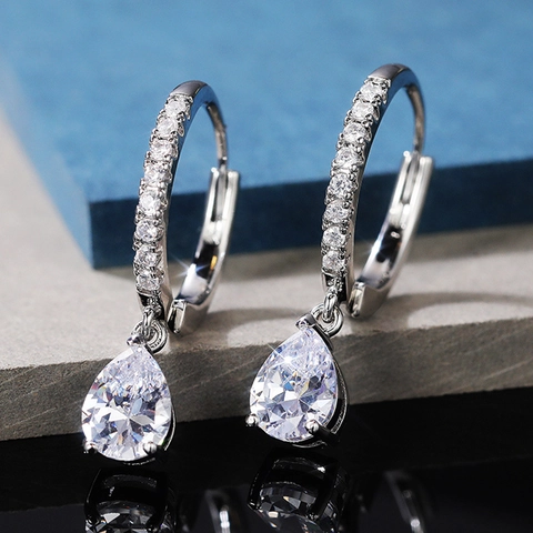 Elegant Cubic Zirconia Hoop Earrings Copper White Gold Plated Luxury Teardrop Oval Round Dangle Jewelry For Women