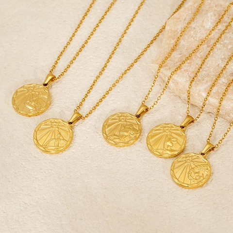 Collana Segni Zodiacali Costellazione Ciondolo Moneta Rotonda Acciaio Inossidabile Placcato Oro 18K Retro Donne Uomini
