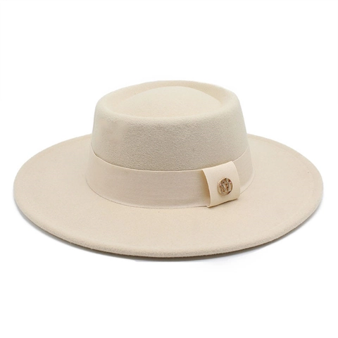 Damen Eleganter Wollfilz Flachdeckel Hut Französischer Stil Breite Krempe Retro Boater Mit Beigem Band Gold M Logo Herbst Winter