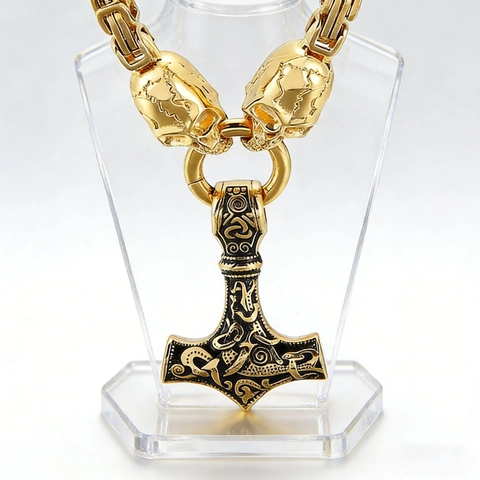 Men's Viking Thor's Hammer Pendant Necklace Stainless Steel Skull Byzantine Chain Gothic Punk Nordic Jewelry Gift