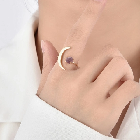 Bague Ouverte Ajustable Cuivre Plqué Or 14K Pierre Naturelle Forme Croissant De Lune Bijoux Boho Minimaliste Femme