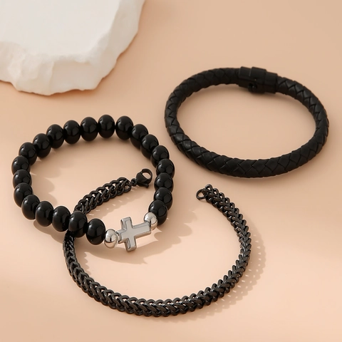 Men Bracelet Stainless Steel Chain Alloy Cross Beaded Braided PU Leather Magnetic Clasp Fashion Jewelry