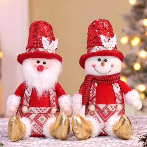 Weihnachts Plüschpuppe Sitzend Ornament Weihnachtsmann Schneemann Rentier Rote Pailletten Goldstiefel Schreibtisch Deko