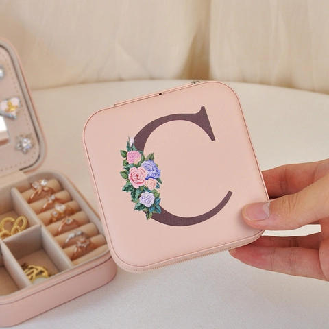 Portable PU Leather Jewelry Box With Mirror Square Zipper Case Floral Initial Letter Print Travel Storage Organizer For Accessories