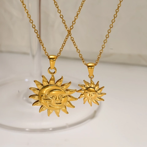Zon Maan Gezicht Hanger Ketting Vrouwen 18K Verguld 304 Roestvrij Staal Waterdicht Hypoallergeen Vintage Retro Sieraden