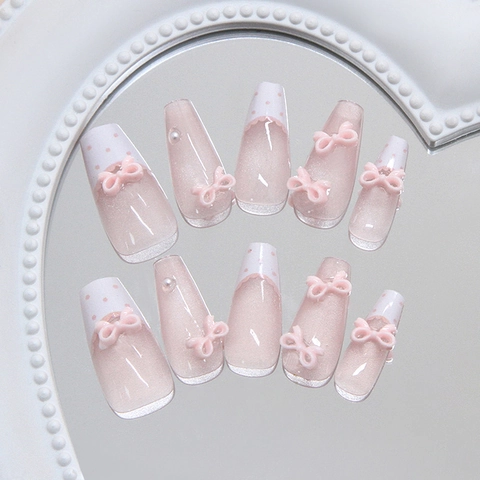 Handmade Pink Press On Nails French Polka Dot With 3D Bow And Artificial Pearl Cat Eye ABS Plastic Reusable For Women