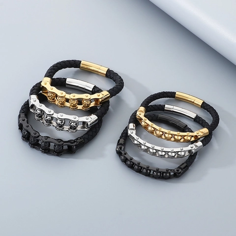 Bracciale Pelle Intrecciata Teschio Mantra Acciaio Inossidabile Punk Uomo Biker Catena Moto Gioielli Hardcore
