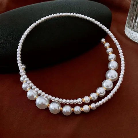 Doppellagige Imitation Künstliche Perlen Halskette Weiß Kupfer Goldene Abstandsperlen Vintage Elegant Mode Accessoire Für Damen