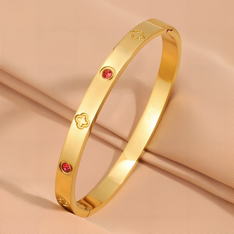 Titanium Steel Bangle Four Leaf Clover Zircon Inlay Gold Plated Hollow Out Luxury Elegant Women Jewelry