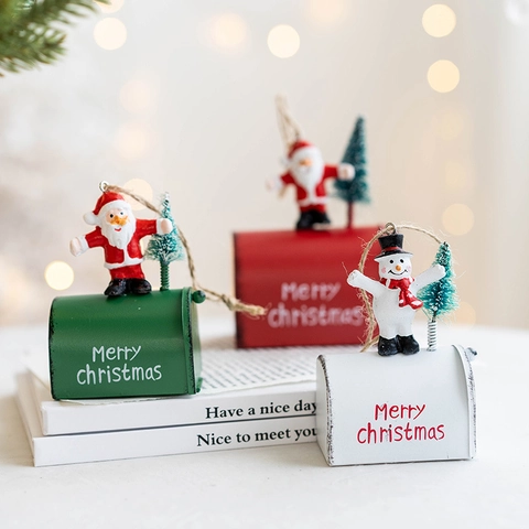 Christmas Mailbox Hanging Ornament Metal Iron Resin Santa Claus Snowman Mini Festive Home Decor