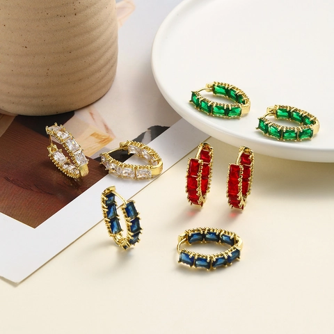 Vintage Geometric U-Shaped Copper Hoop Earrings For Women 18K Gold Plated Colorful Square Zirconia Inlaid Ear Buckle Jewelry