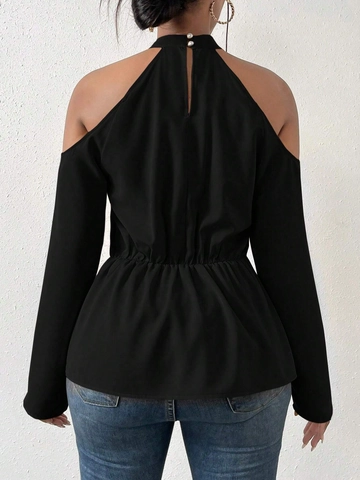Women Cold Shoulder Halter Neck Long Sleeve T-Shirt Slim Fit Twist Knot Solid Color Polyester Elegant Casual Top