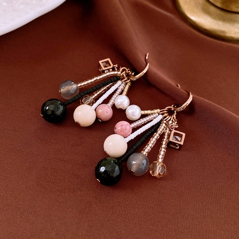 Vintage Geometrische Hängeohrringe Mit Achat Perlen Kupfer Kristall Zirkon Bunte Perlenfransen Für Frauen